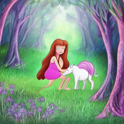 Image similar to girl hugging unicorn in forest, fantasy, illustration style of disney animation