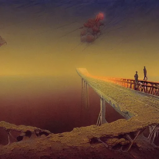 Image similar to A beautiful painting of A bridge over a plain by Zdzisław Beksiński and Ilya Repin,In style of Post-Apocalyptic.digital art, illustration,hyper detailed,smooth, sharp focus,trending on artstation,oil on the canvas,4k