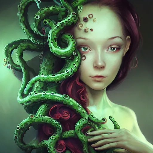 Prompt: A girl in a green dress, with tentacles coming out from underneath the dress, huggy wuggy from poppy playtime video game, fullbody, ultra high detailed, oil painting, Greg Rutkowski, Charlie Bowater, Yuumei, Yanjun Cheng, unreal 5, DAZ, hyperrealistic, octane render, RPG portrait, dynamic lighting, fantasy art, beautiful face