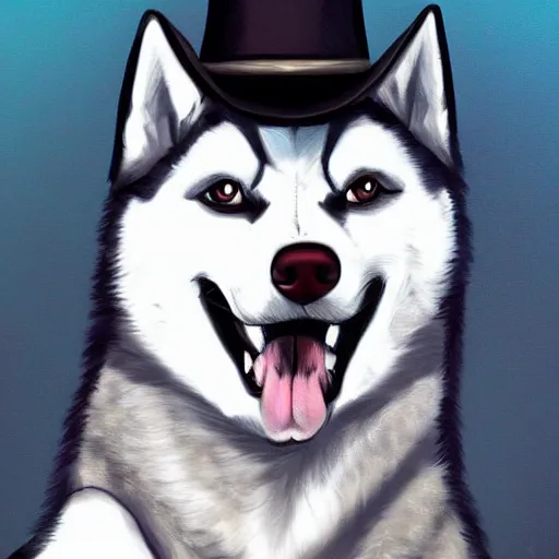 Image similar to a portrait painting of a husky in cowboy costume, wearing a cowboy hat, in the style of anime, trending on artstation