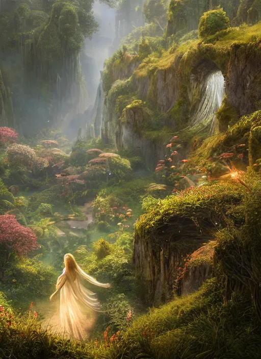 Image similar to an elegant fairy with wings of lace in a lord of the rings scenery landscape, looking out at a vast lush valley flowers and wood structures, stream, sunrise, god's rays highly detailed, vivid color, cinematic lighting, perfect composition, 8 k, gustave dore, derek zabrocki, greg rutkowski, belsinski, octane render