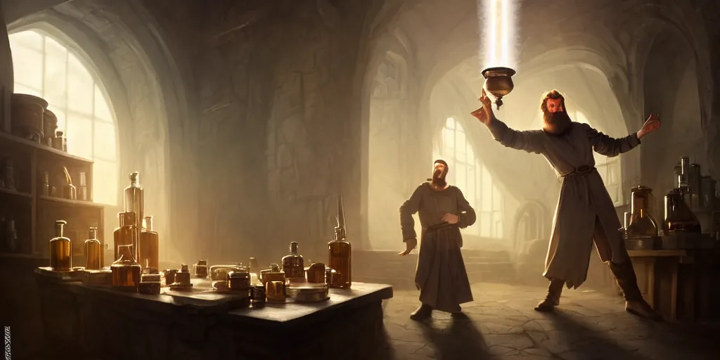 Image similar to a handsome bearded caucasian male sorcerer with brown hair, he is in a alchemist lab filled with beakers and equipment, he is casting a spell from a open book with magic filling the frame, neutral pose, epic composition, 4 k, light rays, super coherent, by dave melvin and greg rutkowski