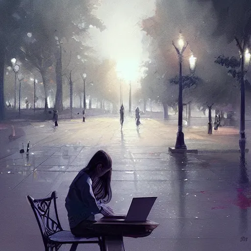 Image similar to a girl working on her laptop, city park, street lighting, greg rutkowski, digital painting