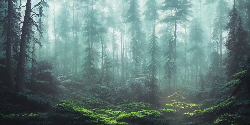 Image similar to A highly detailed matte oil painting of a forest by Studio Ghibli, by Mokoto Shinkai, hyperrealistic, cinematic, breathtaking, beautiful composition, by Artgerm, by beeple, volumetric lighting, octane render, 4K resolution, trending on artstation