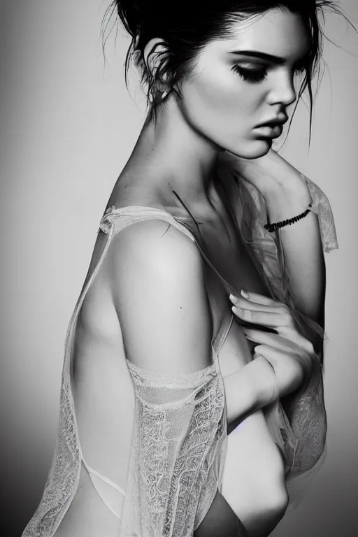 Image similar to emotionnal shot. fragile shy woman looking like Kendall Jenner with sheer dress with plunging neckline and lace sleeves. award-winning fashion photography. intimate and vulnerable lighting. 130mm bw fashion photography .