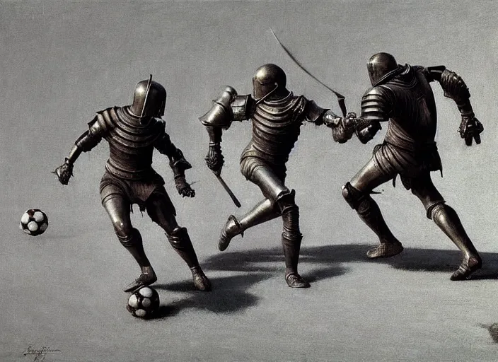 Prompt: knights in armor playing soccer, rome, highly detailed, soft lighting, elegant, works by edward hopper and james gillard, zdislaw beksinski, stephen outram, andreas m wiese, highly detailed