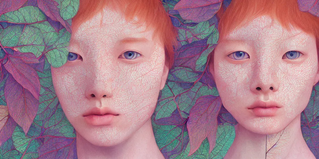 Image similar to breathtaking detailed pattern pastel colors of an ethereal ginger teenager with a face made of autumn leaves, by hsiao - ron cheng, bizarre compositions, exquisite detail, 8 k