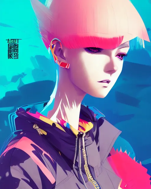 Image similar to poster woman with futuristic streetwear and spiky hair, colourful, pretty face, intricate eyes, elegant, Anime by Kuvshinov Ilya, Cushart Krentz and Gilleard James, 4k, HDR, Behance Trending on artstation, award winning