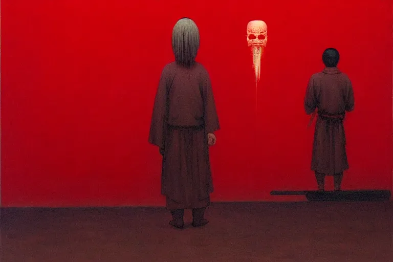 Image similar to only with red, a red samurai, tokio in background, some evil yokai, in the style of beksinski, parts by edward hopper, parts by rodcenko, parts by yue minjun, intricate and epic composition, red by caravaggio, insanely quality, highly detailed, masterpiece, red light, artstation, 4 k