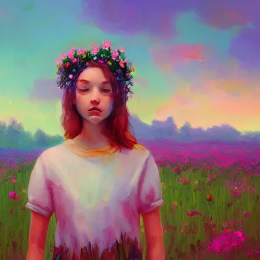 Image similar to girl with a flower face, surreal portrait, dreamlike, standing in flower field, in a valley, sunrise dramatic light, impressionist painting, colorful clouds, artstation, simon stalenhag