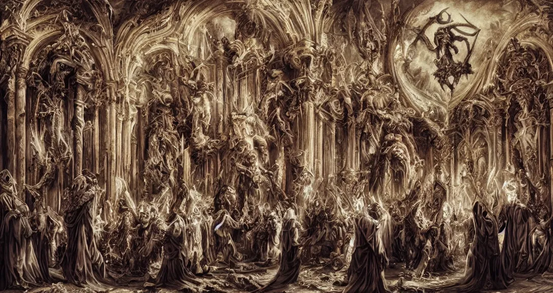 Prompt: photo of sacred blasphemous ritual of the undead, style of Peter Gric, lavish rococo baroque setting, fashion-photography, unholy ceremony, sacrilegious rite, evil, menacing, ominous, threatening, sinister, malevolent. Highly-detailed, photographic, cinematic, dramatic, establishing shot