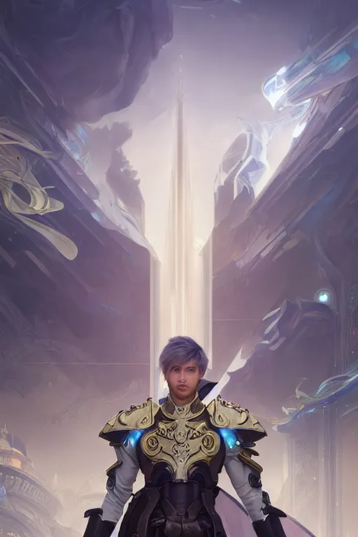 Prompt: portrait of a man with futuristic haircut, soft smile, final fantasy, league of legends champion, strong iridescent light, by chengwei pan and sakimichan and greg rutkowski and alphonse mucha, gradient white to gold, in front of a magical building background, highly detailed portrait, digital painting, smooth, focus illustration