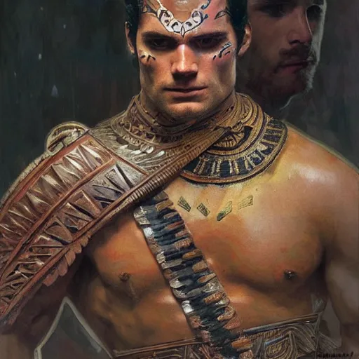 Image similar to henry cavill as an aztec warrior, athletic, face paint, muscular, intricate, highly detailed, digital painting, artstation, concept art, sharp focus, illustration, art by greg rutkowski and alphonse mucha