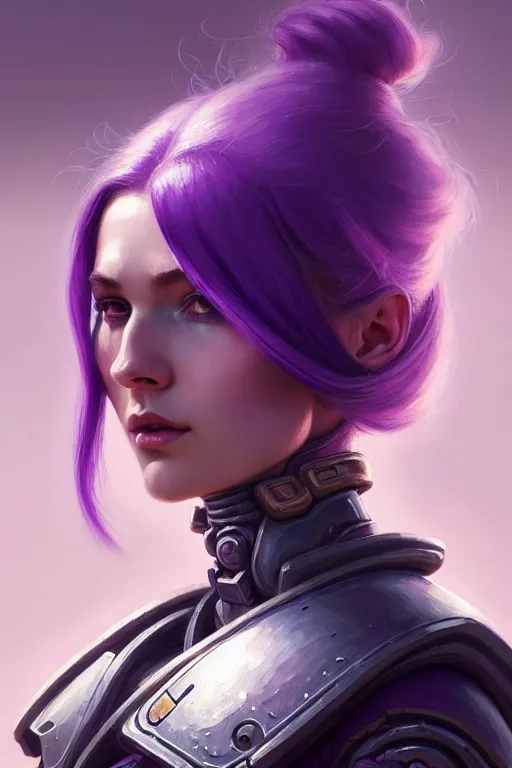 Image similar to alexey gurylev, close up portrait, pale woman in power armor with purple hair, mysterious, deep focus, d & d, fantasy, complex, elegant, highly detailed, digital painting, artstation, concept art, matte, clear focus, illustration, hearthstone, artgerm art, greg rutkovsky and alphonse mucha