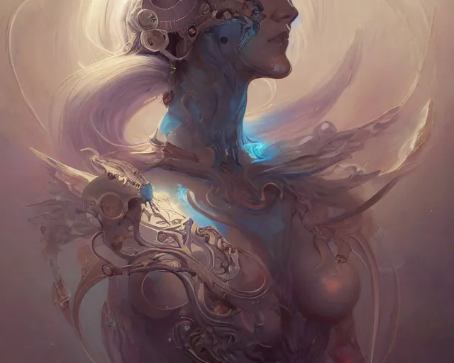 Prompt: portrait of a beautiful cybernetic emanation from the book \'angelarium\', by pete mohrbacher and artgerm and wlop, digital art, highly detailed, intricate, fantasy, mystical, Trending on Artstation HQ, deviantart, unreal engine, 4K UHD image