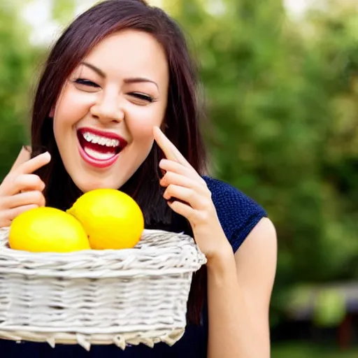 Prompt: beautiful woman laughing who can't hold a basket of lemons