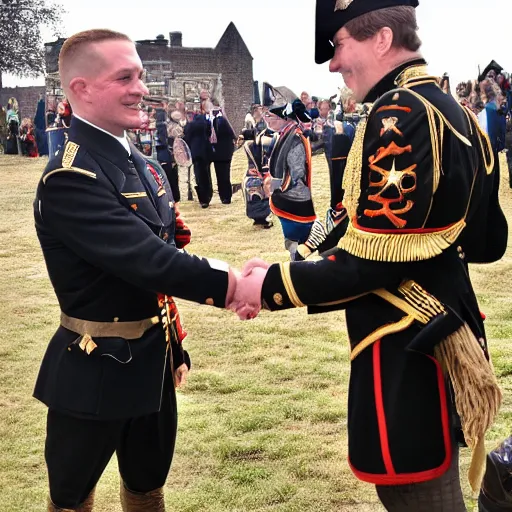 Prompt: General Burgoyne shaking hands with Matt Hancock. Award winning hyper detailed photorealistic 50 mm