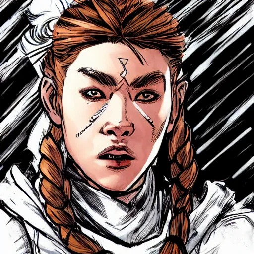 Prompt: portrait of scared Aloy from Horizon: Zero Dawn, comic book illustration, by John Kirby