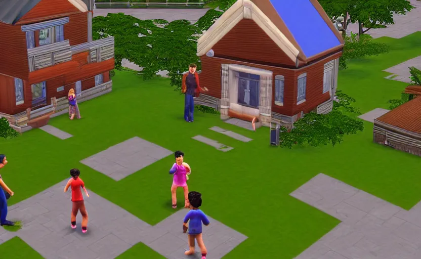 Image similar to little ai copies of a families playing out the motions of a dinner, the sims 1 graphics