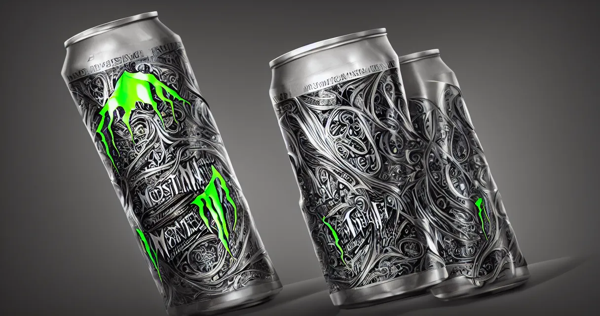 Image similar to aluminian can of monster energy drink, intricate and elegant, highly detailed, digital painting, artstation, concept art, smooth and sharp focus, illustration