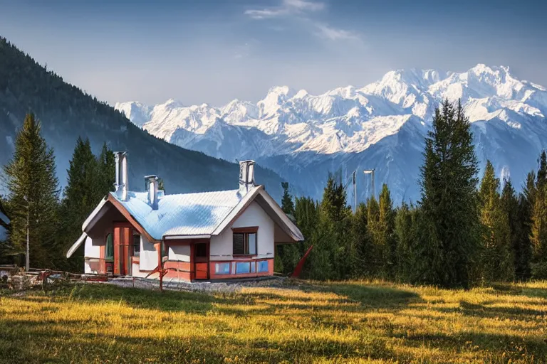 Image similar to architecture photo modern fachwerk house cottage settlement with Elbrus mountain on the background, architecture, photorealism 8k , shining and happy atmosphere, uplight, high details