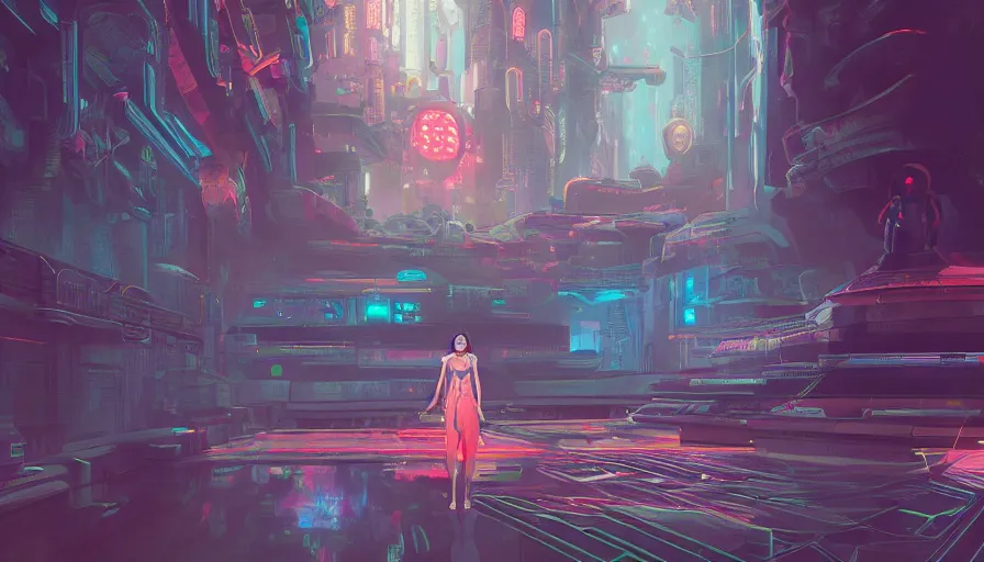 Image similar to a digital painting of a woman exploring a temple, cyberpunk art by james jean, cgsociety, retrofuturism, anime aesthetic, chromatic, iridescent