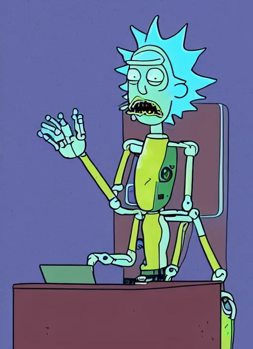 Image similar to an artificial intelligence in a robot exploding why studying how human hands look, rick and morty art style illustration, justin roiland, dan harmon, location is a science fiction planet