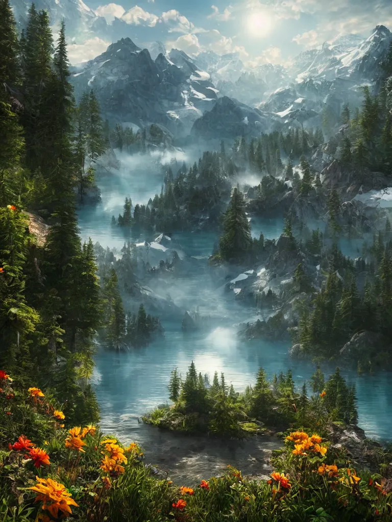 Image similar to a epic view of a mountainous lake, forest, flowers, concept art, trending on, very detailed, unreal engine, 4 k, photoreal, volumetric lighting, light rays, epic composition, warm colors, angelic