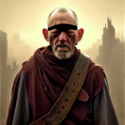 Image similar to portrait painting of a post - apocalyptic older american man blindfolded and wearing monk garbs with a scrap pauldron, ultra realistic, concept art, intricate details, eerie, highly detailed, photorealistic, octane render, 8 k, unreal engine. art by artgerm and greg rutkowski and charlie bowater and magali villeneuve and alphonse mucha