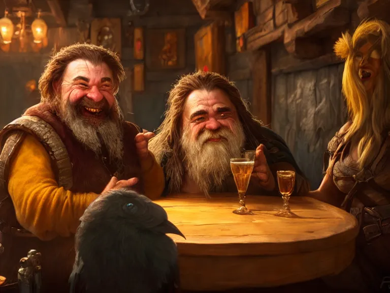 Prompt: Drunk Dwarf talks to Raven at the Tavern, RPG Portrait, Oil Painting, Trending on Artstation, octane render, Insanely Detailed, 8k, HD