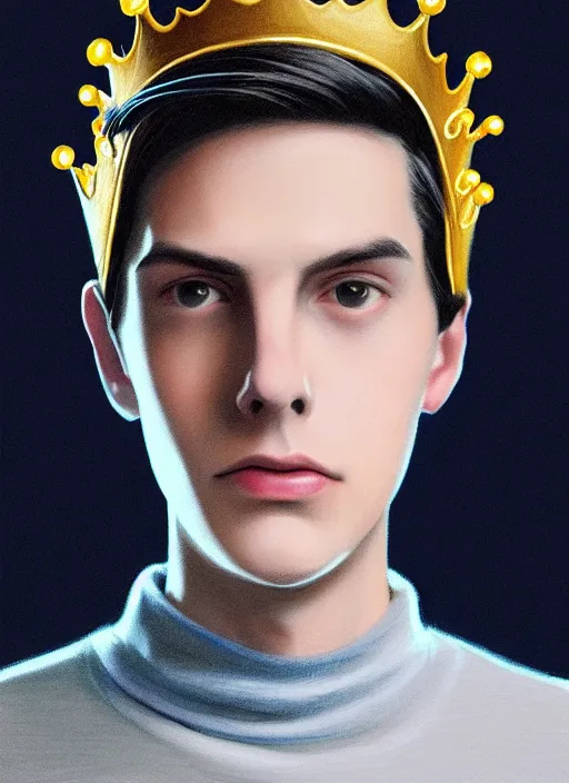 Image similar to portrait of teenage jughead jones wearing a light grey crown, crown, blue turtleneck, 1 9 5 0 s, closed eyes, photorealistic, black hair, glowing lighting, intricate, elegant, glowing lights, highly detailed, digital painting, artstation, concept art, smooth, sharp focus, illustration, art by wlop, mars ravelo and greg rutkowski