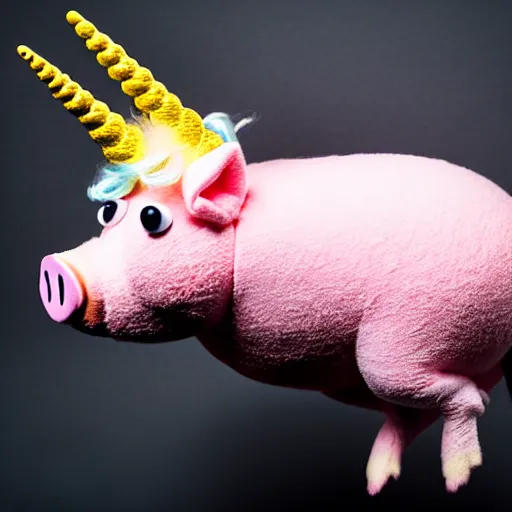 Image similar to studio photograph of a flying smiling pig with unicorn horn depicted as a muppet