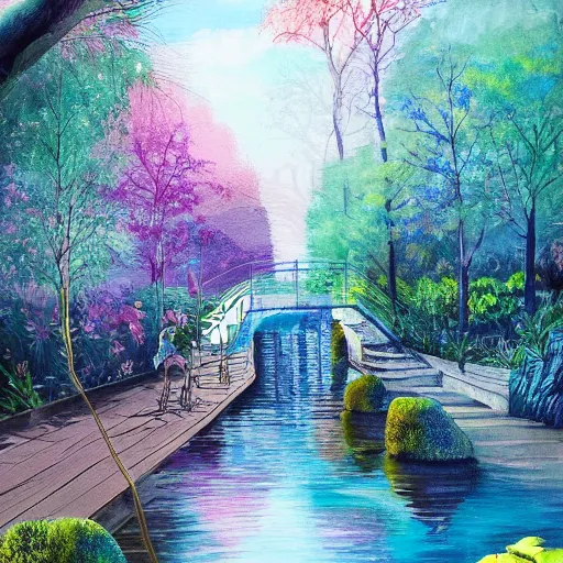 Prompt: Cosy water in city of the future in harmony with nature. Nice colour scheme, soft warm colour. Beautiful detailed painting by Lurid. (2022)