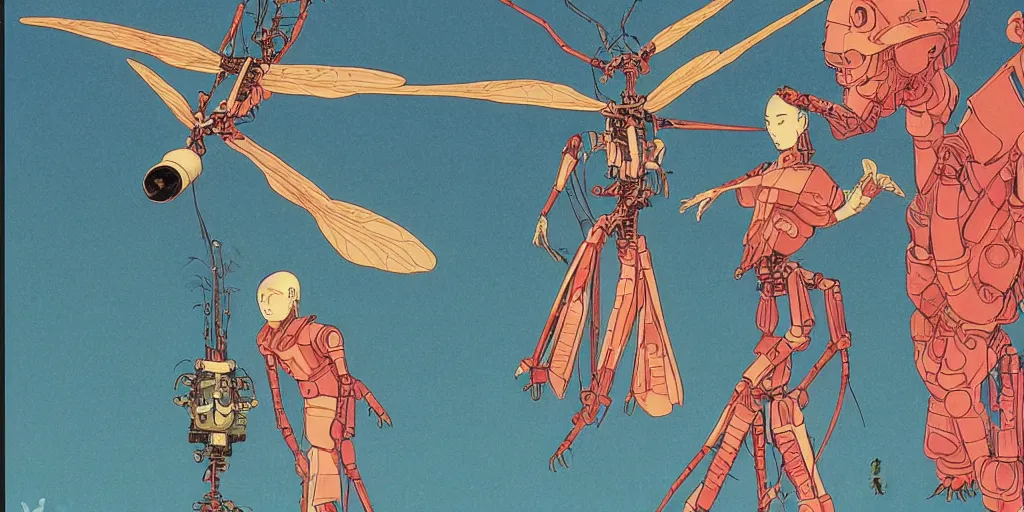 Image similar to gigantic dragonflies with human faces catch tiny robots, a lot of exotic mechas robots around, human heads everywhere, risograph by kawase hasui, edward hopper, satoshi kon and moebius, no text!, colorful flat surreal design, super - detailed, a lot of tiny details, fullshot