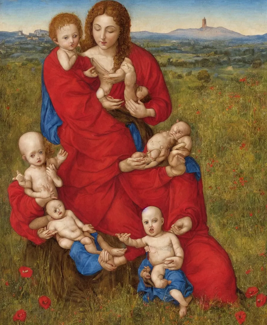 Image similar to Detailed Portrait of Madonna, curly red hair red shirt blue cloth, with infant Jesus, bald, playing with a thin cross and another boy in the style of Raffael. They are sitting in a dried out meadow near Florence, red poppy in the field. On the horizon, there is a blue lake with a town and blue mountains. Flat perspective.