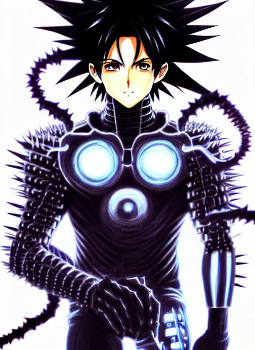 Image similar to a detailed manga full body portrait illustration of a dark spiky haired cyborg anime man surrounded by dark steam by hirohiko araki, detailed artwork, realism, 4 k resolution, detailed, high quality, sharp focus, hq artwork, insane detail, volumetric lighting, character concept art, fine details, clear subject, central subject