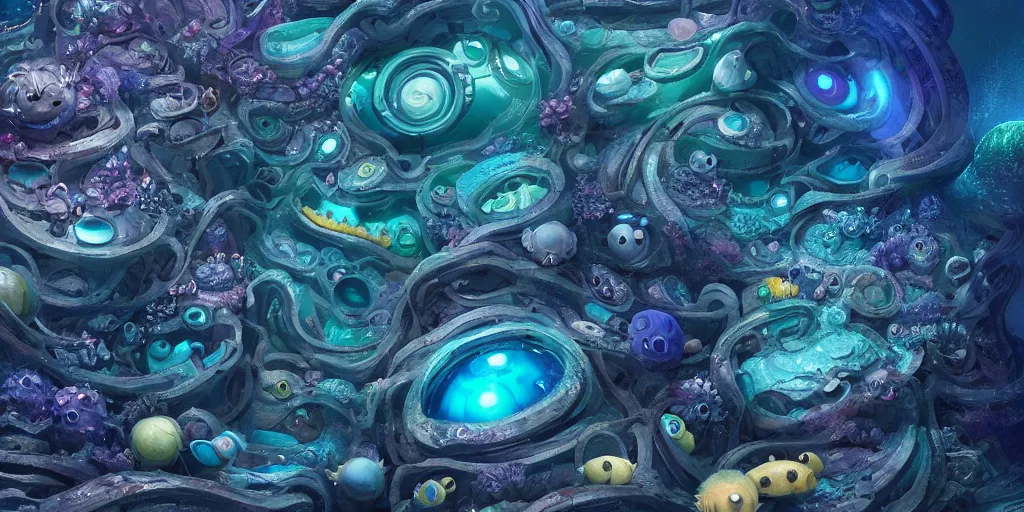 Image similar to of an intricate deep sea with strange cute friendly happy creatures with huge eyes, long tongue, round teeth and goofy funny face, appearing from the background, in the style of gehry and gaudi, macro lens, shallow depth of field, ultra detailed, digital painting, trending artstation, concept art, illustration, cinematic lighting, photorealism, epic, octane render