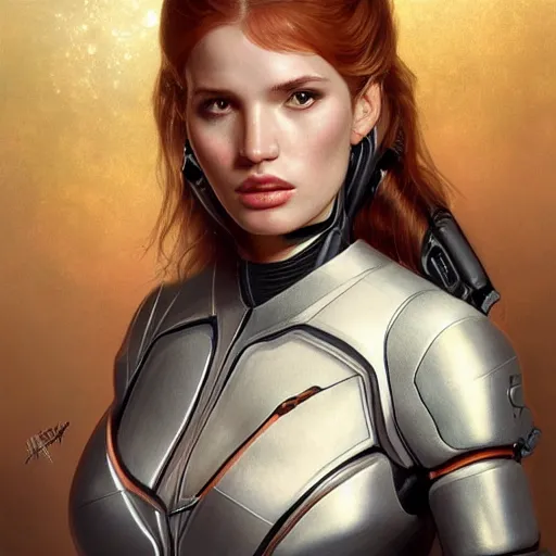 Image similar to ultra realistic illustration, bella thorne as borg 7 of 9 from star trek, intricate, elegant, highly detailed, digital painting, artstation, concept art, smooth, sharp focus, illustration, art by artgerm and greg rutkowski and alphonse mucha