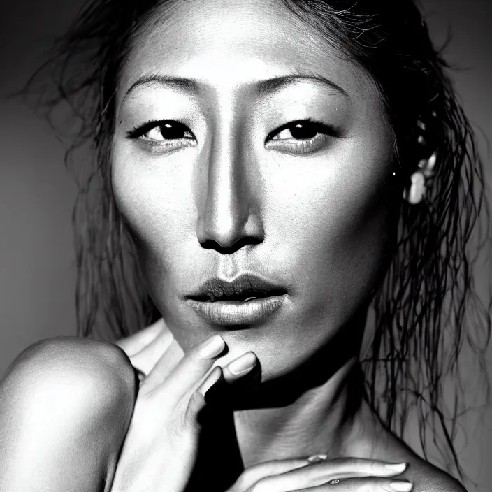 Prompt: photography face portrait on a tropical background of a beautiful woman like dichen lachman, black and white photography portrait, skin grain detail, high fashion, studio lighting film noir style photography, by richard avedon, and paolo roversi, nick knight, hellmut newton,