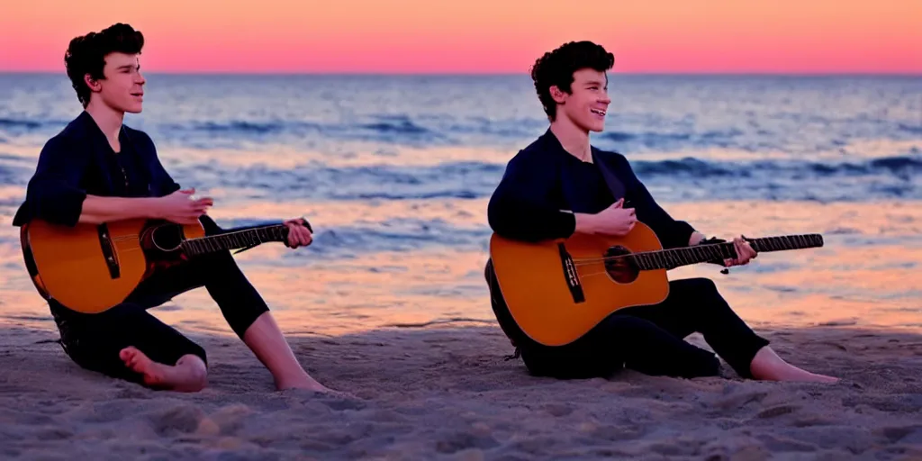 Image similar to Shawn Mendes en la playa tocando la guitarra at sunset