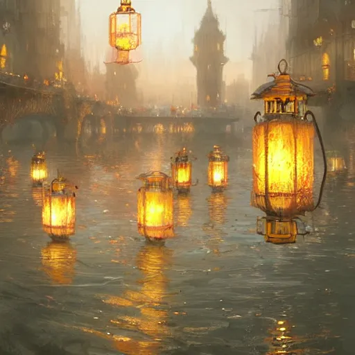 Prompt: concept art, river lanterns on the eve of ullambana festival, by james gurney, greg rutkowski, john howe, artstation