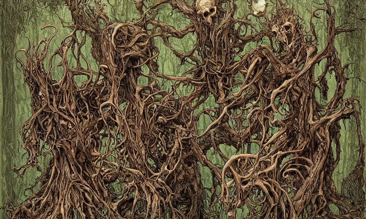 Image similar to hyperdetailed art nouveau portrait of treebeard and old groot as a cthulhu eyeball moose skull wendigo swamp thing cryptids, by michael kaluta, simon bisley and bill sienkiewicz, photorealism, claws, skeleton, antlers, fangs, forest, wild, bizarre, scary, lynn varley, lovern kindzierski, steve oliff