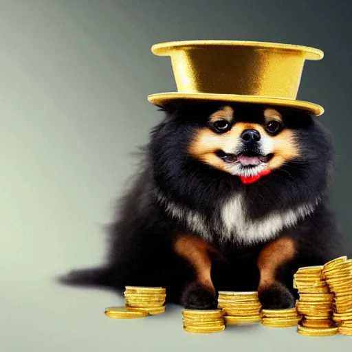 Image similar to A pomeranian wearing a top-hat and a monocle, sitting on top of a large pile of gold coins