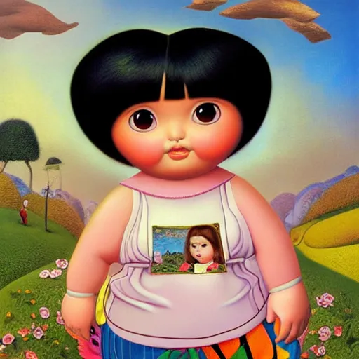 Prompt: portrait of real girl dora the explorer painted by fernando botero and mark ryden and hikari shimoda, lowbrow pop surrealism