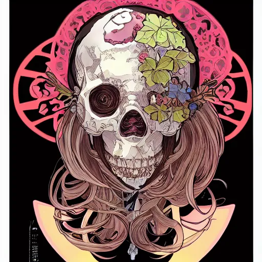 Image similar to anime manga skull portrait girl female bubblegum skeleton illustration hyperrealistic art Geof Darrow and will cotton alphonse mucha pop art nouveau