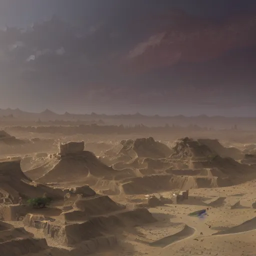 Image similar to a distant desert village, artstation, cgsociety