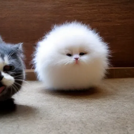 Image similar to photo of cute round puffballs that look like cats, floating above a crying man