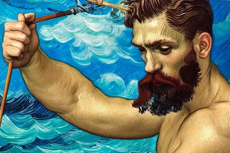Prompt: hyperrealistic oil painting of greek god poseidon taking a selfie of himself underwater holding a go pro look king confused holding his trident, highly detailed and intricate by vincent vang gogh and billy butcher