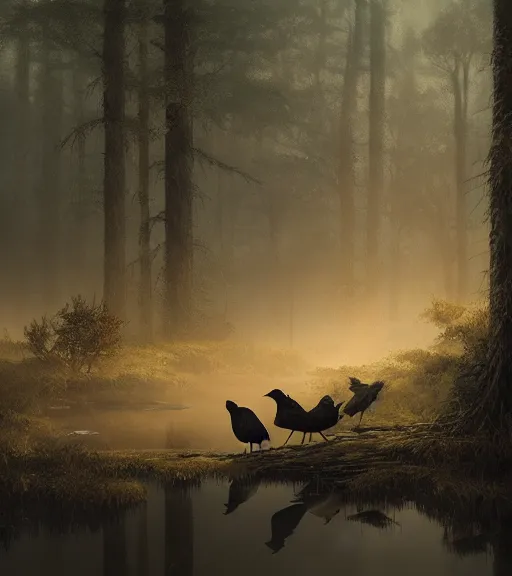 Image similar to three crows in a little boat in a swamp at night, volumetric lighting, fog, majestic light, octane render, ethereal glare of the sun, hyperrealistic, epic, masterpiece, by greg rutkowski