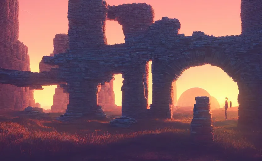 Image similar to A landscape with a giant stone brick tower with pillars on top at sunset, magical portal, cyberpunk, Low level, rendered by Beeple, Makoto Shinkai, syd meade, simon stålenhag, environment concept, synthwave style, digital art, unreal engine, WLOP, trending on artstation, 4K UHD image, octane render